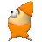 Pixelated orange character with large white eye, black pupil, and single visible eyelid, wearing orange shorts with red trim, standing on two thin legs against gray background.