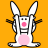 Pixelated cartoon bunny with white body, black outlines, pink nose and belly, orange background, static single-frame image.