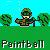 Pixel art animation of a soldier figure with camouflage gear and green goggles, standing on green grass against a cyan background, with 'Paintball' text below.