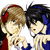 Pixelated anime-style characters in various poses with a red stylized 'L' symbol and green text on blue background.