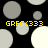 Pixelated of gray and white circles on black background with yellow text "GREG(333)" repeated across four quadrants