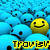 Yellow smiley face icon with black eyes and mouth, surrounded by blue pixelated shapes on a blue background.