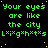 A 4x3 contact sheet of an animated icon showing repeated green text "Your eyes are like the city" with yellow dots on a black background, plus one gray transparency placeholder frame.
