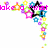 Pixelated animated icon with colorful star and flower motifs, pink text fragments 'oke', 'did', 'for' visible across frames.