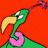 Pixelated cartoon bird with green body, yellow beak, and pink feet perched on a green mound against red background.