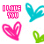 repeating pixel art elements featuring pink 'I LOVE YOU' text, pink hearts, teal wing shapes, and green leaf-like forms on a white background
