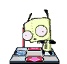 Animated sequence of a light green cartoon character with large white eyes and black antennae performing various poses on a platform.