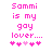 Pixelated pink text reads "Sanni is my gay lover...." with five heart symbols below, two of which are light pink.
