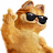 A pixelated animated contact sheet showing two frames of a Garfield-themed buddy icon with orange text and character imagery.