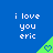 Blue background with white text 'i love you eric' and green triangular icons containing heart symbols.
