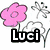 Pixelated icon with pink flower, dragonfly, and white cloud on white background; black text 'Luci' below.