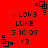 Red background with black pixelated text and symbols arranged in a pattern, featuring repeated elements including 'i LOV3', 'LUKE', '3.10.08', '<3', and corner square patterns
