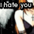 A pixelated image of a woman with long orange hair in a white top and dark dress, with text overlays changing between 'I hate you', 'I love you', and 'I can't breathe without you'.