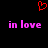 Red pixelated heart symbol above two identical pink text phrases 'in love' on black background.