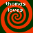 Four identical spiral patterns with red and dark green stripes, each containing white text reading "thomas loves" in a pixelated font.