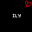 Red pixelated heart symbol above two white 'ILY' text blocks on black background.