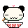 Pixel art contact sheet of four panda frames eating noodles with pink hearts and varying mouth expressions.