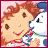 A 48x48 pixel animated contact sheet showing two frames of a Strawberry Shortcake cartoon icon with a pink background and red border.