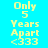 Pixelated text on cyan background with white horizontal bars, displaying 'Only 5 Years Apart <333' in yellow-green font across multiple