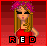 Pixel art of a woman with long brown hair and pink floral headpiece, wearing red dress; two states show closed eyes vs. open eyes.