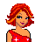 Pixel art of a female character with red hair wearing a red one-shoulder top and dark pants, shown in multiple views including full-body and close-up.