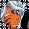 Pixelated character with white hair and orange skin winking, framed by a black-and-white border with text labels below