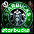Green circular icon with pixelated Starbucks logo and text, featuring a white spiral symbol in the top-left corner.