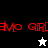 Red pixelated text 'EMO GIRL' on split black-and-white background with a white star above and black star below.