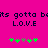 Pixelated text and symbols on a bright pink background with green and gray star-like shapes below.