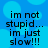 Blue background with light blue circular shapes and black pixelated text reading "im not stupid... im just slow!!!" in two identical vertical