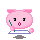 Pixelated pink pig character with small ears, black eyes, and a round body holding a white object on a gray background.