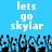 Pixelated blue background with white text 'lets go skylar' repeated twice above a of black and blue pixelated figures with raised hands