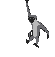Pixelated monkey icon hangs from top, shifts through walking, swinging, and hanging poses