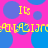 Pixelated pattern with repeating yellow text and blue circles on a pink background.