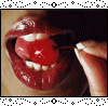 A 4-frame animated contact sheet showing a close-up of lips with glossy red lipstick holding a bright red cherry on a toothpick, transitioning between open mouth and closed lip positions across frames.
