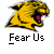 Animated contact sheet showing two identical yellow tiger head icons with open mouths and pink tongues, each labeled "Fear Us" below the icon, alongside red and black text promoting a website.