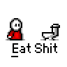 A 5x5 contact sheet of animated frames showing a pixel art character in red shirt and white head eating from a toilet bowl with "Eat Shit" text below, displayed on gray background.