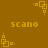 A static image with a brown background featuring repeated yellow pixelated text 'scano' and small square-based geometric patterns.