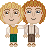 Pixel art of two cartoon characters standing side-by-side, one with blonde hair and the other with reddish-brown hair, both smiling.
