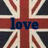 Union Jack flag background with blue text 'love' centered over the red cross.
