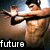 A shirtless man with headphones extends his arms forward in a dynamic pose, with text labels changing across frames.