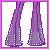 Pixel art contact sheet of six frames showing a cartoon character's outfit and text phrases in pink, purple, and blue tones on white backgrounds with pink borders.