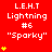 Red background displays repeated text "L.E.H.T Lightning #6 'Sparky'" with yellow star icons increasing in number per