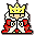 Pixel art of a crowned figure in white and red robes with a yellow crown, shown in two side-by-side static poses against a gray background.