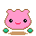 Six pixel art frames of a pink, rounded character with brown outline, black eyes, red mouth, green hands, and brown feet on gray background.