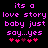 Pixelated text in bright pink on black background reads "its a love story baby just say...yes" with four heart symbols below, two of which change color between frames.