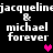Pixelated text displays "jacqueline & michael forever" repeated twice with pink and purple hearts on black background.