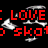 Pixelated image with red and blue text fragments, a white skull on black background, and a colorful object over blue water. Animated changes show shifting text positions.