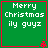 Green square with red border displays "Merry Christmas ily guyz" text and small red pixelated tree at bottom-right corner.