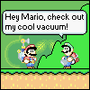 Pixel art comic strip showing Mario and Luigi in green landscape with brown ground, discussing vacuum and FLUDD pack abilities.